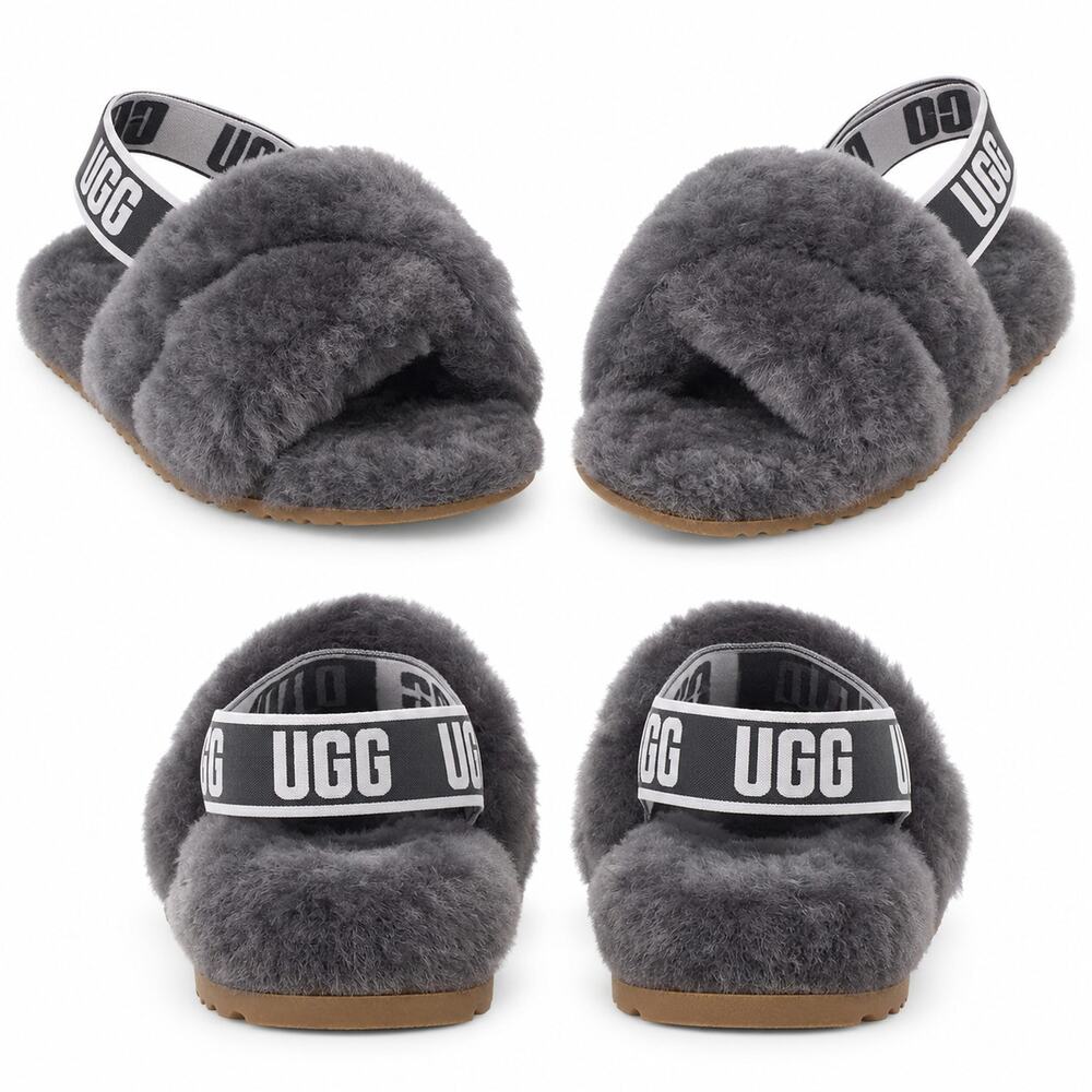 UGG Fluff Yeah Gray Sheepskin Fur Slingback Slide Slippers Kids 6 Cozycore Shoe
